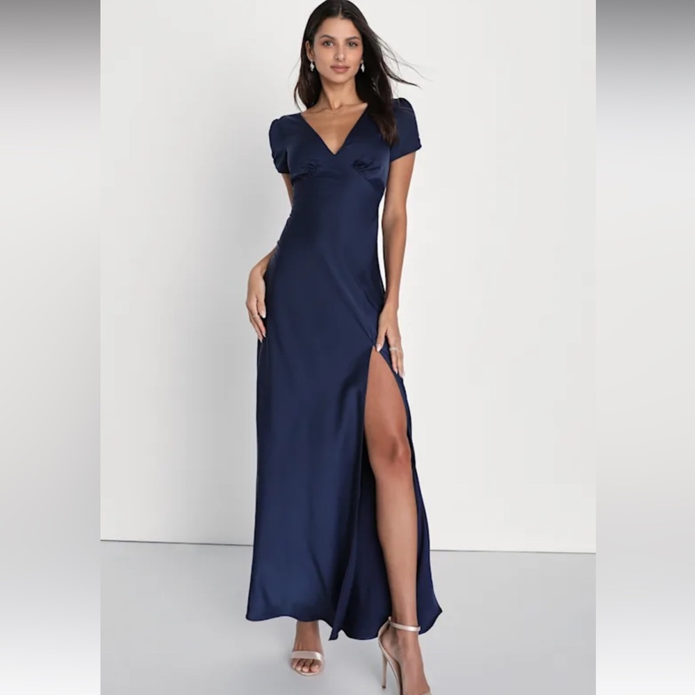 Navy Blue Satin Puff Sleeve Maxi Dress